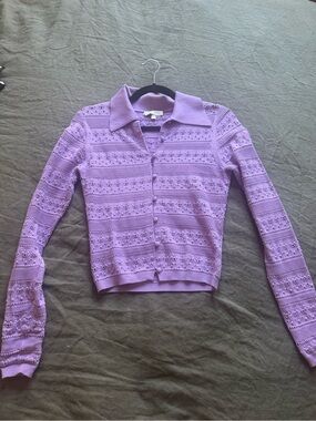 Ronny Kobo Lilac Knit Collared Button-Front Sweater